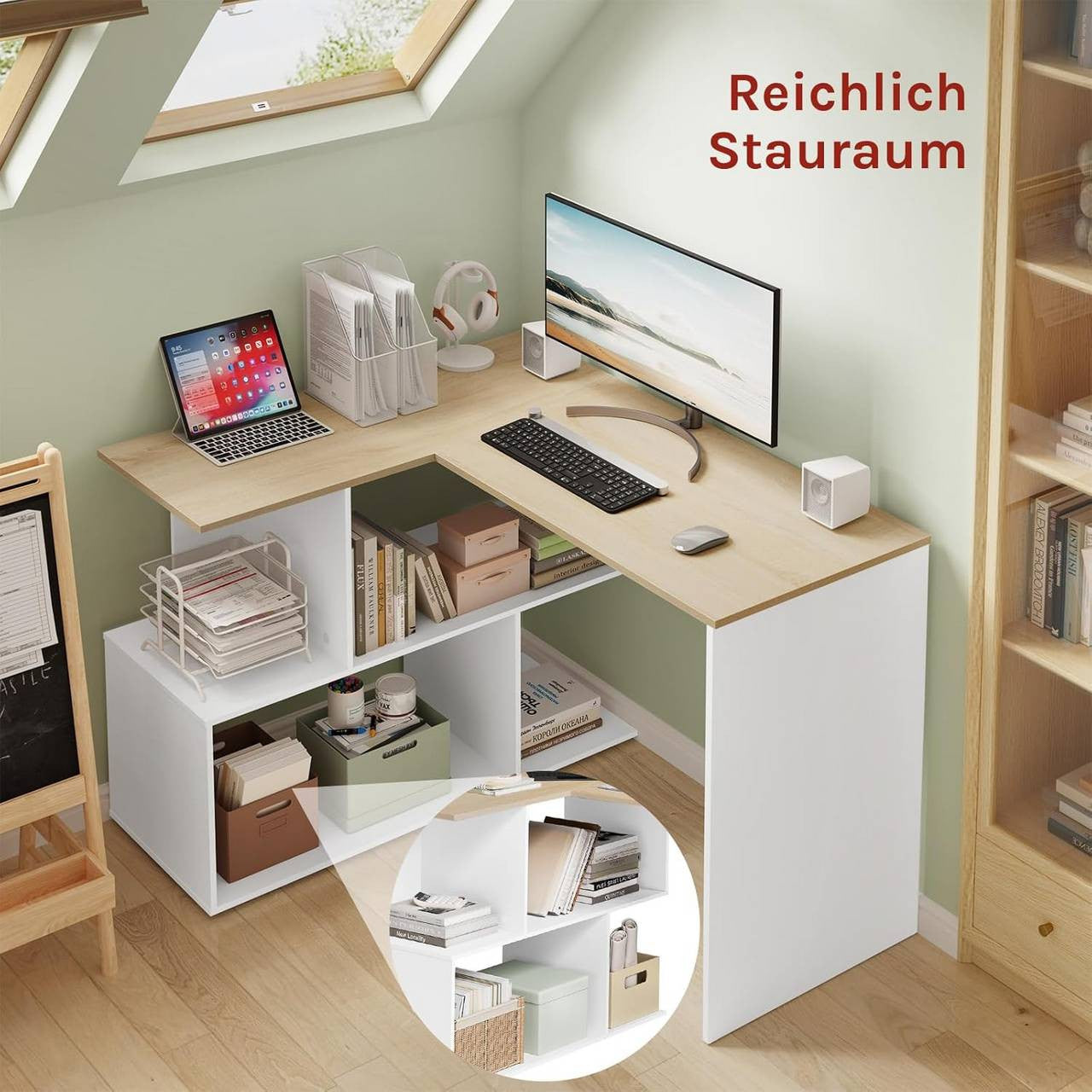 24goodz Corner Desk with Shelves - Versatile 2-in-1 Design - Engineered Wood - For Home Office - White + Light Oak