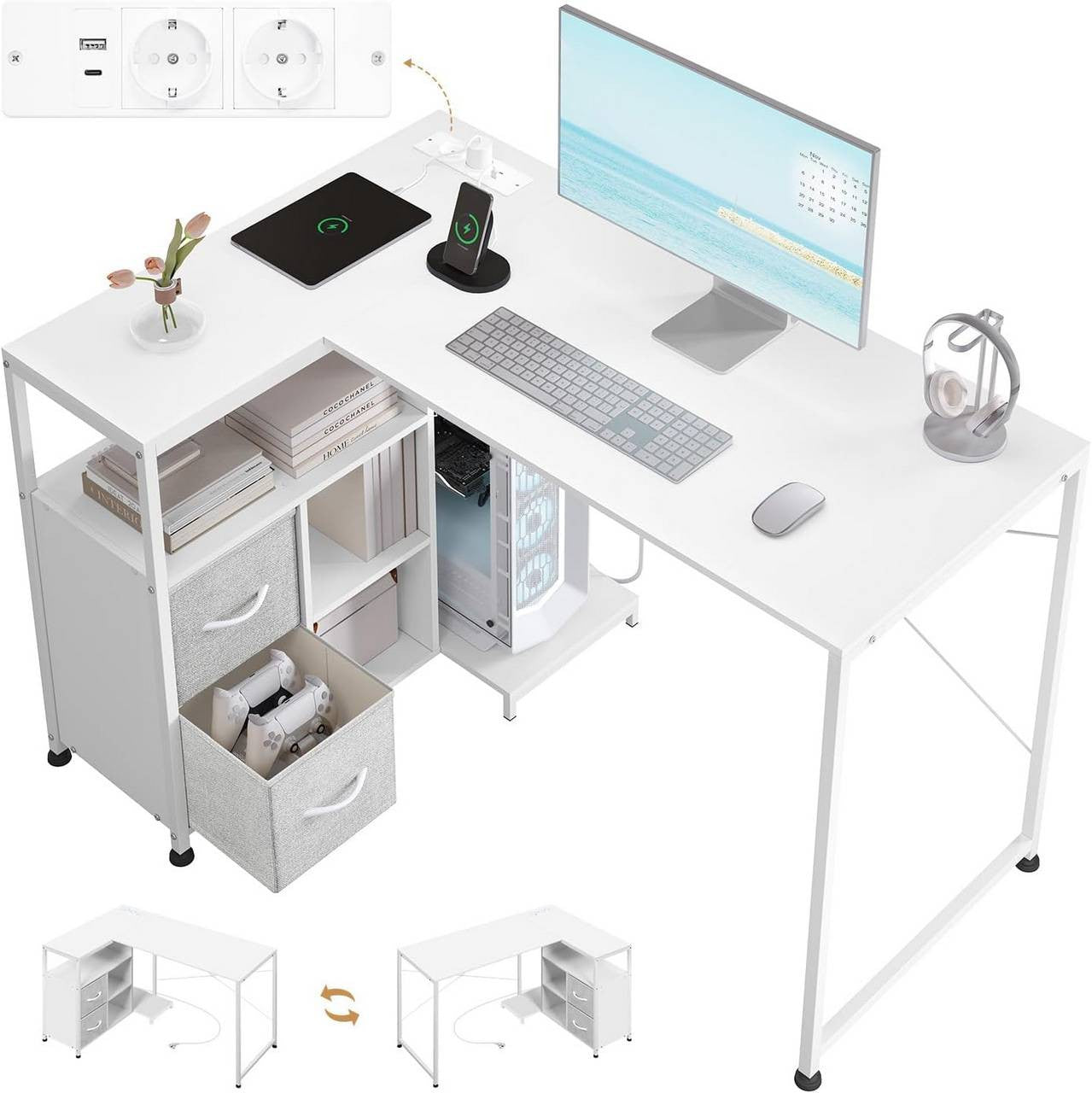 24goodz L-Shaped Corner Desk - Integrated Power Outlet - Spacious Storage - Wood and Metal - For Home Office - White