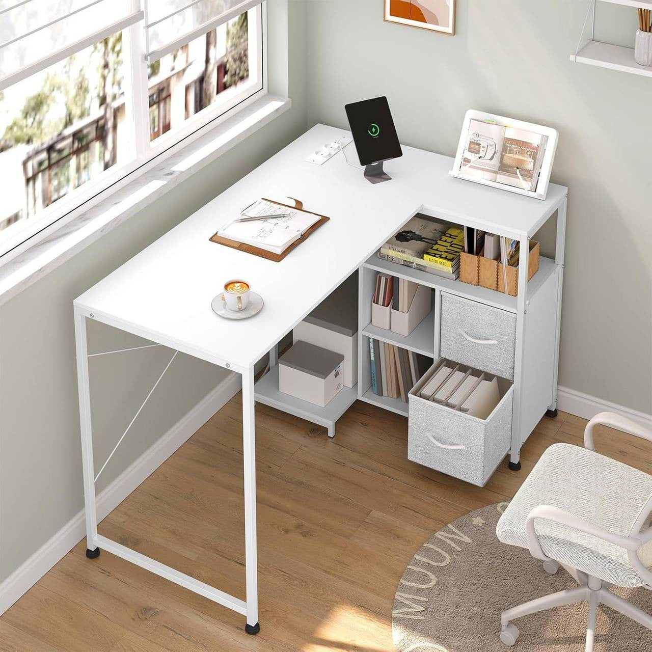 24goodz L-Shaped Corner Desk - Integrated Power Outlet - Spacious Storage - Wood and Metal - For Home Office - White