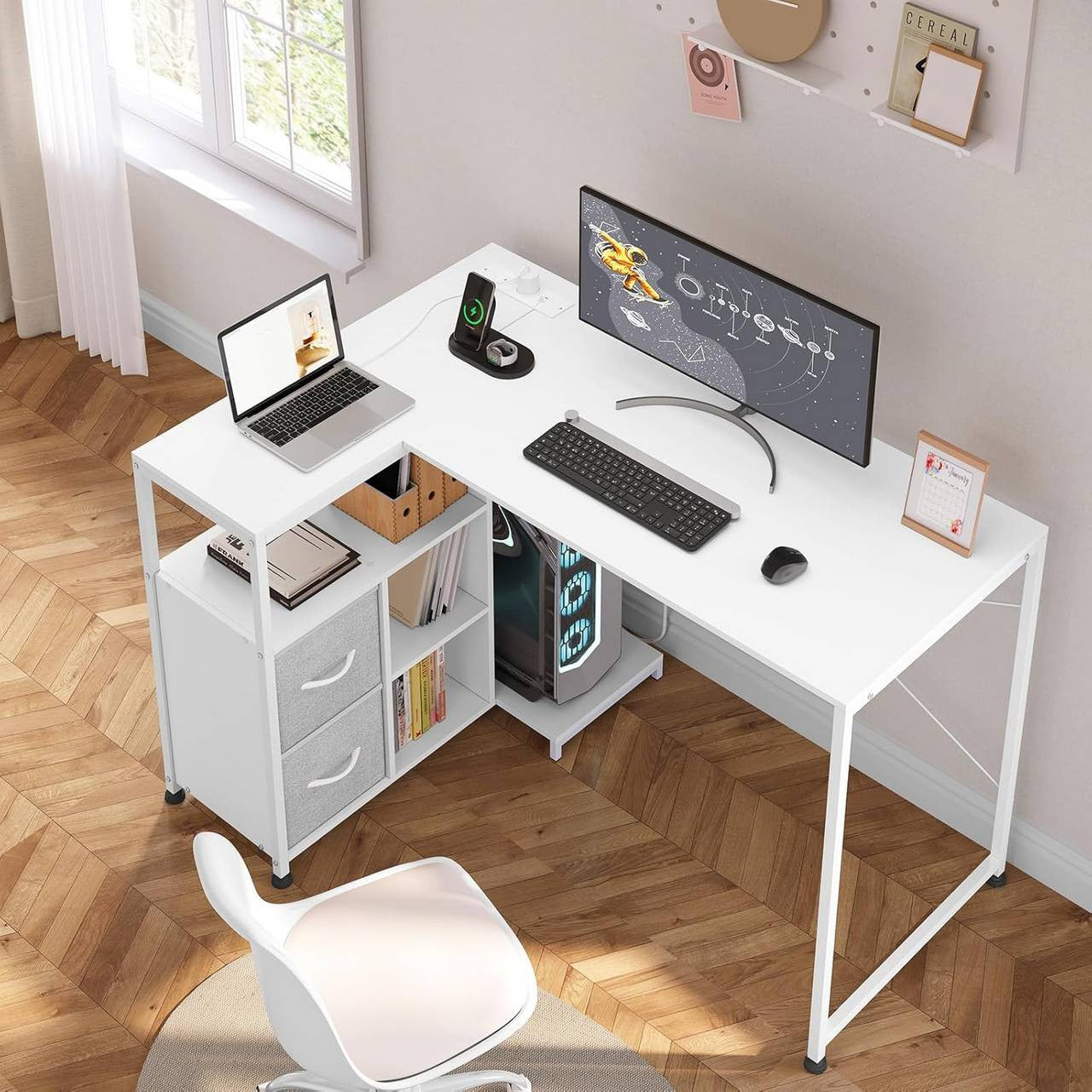 24goodz L-Shaped Corner Desk - Integrated Power Outlet - Spacious Storage - Wood and Metal - For Home Office - White