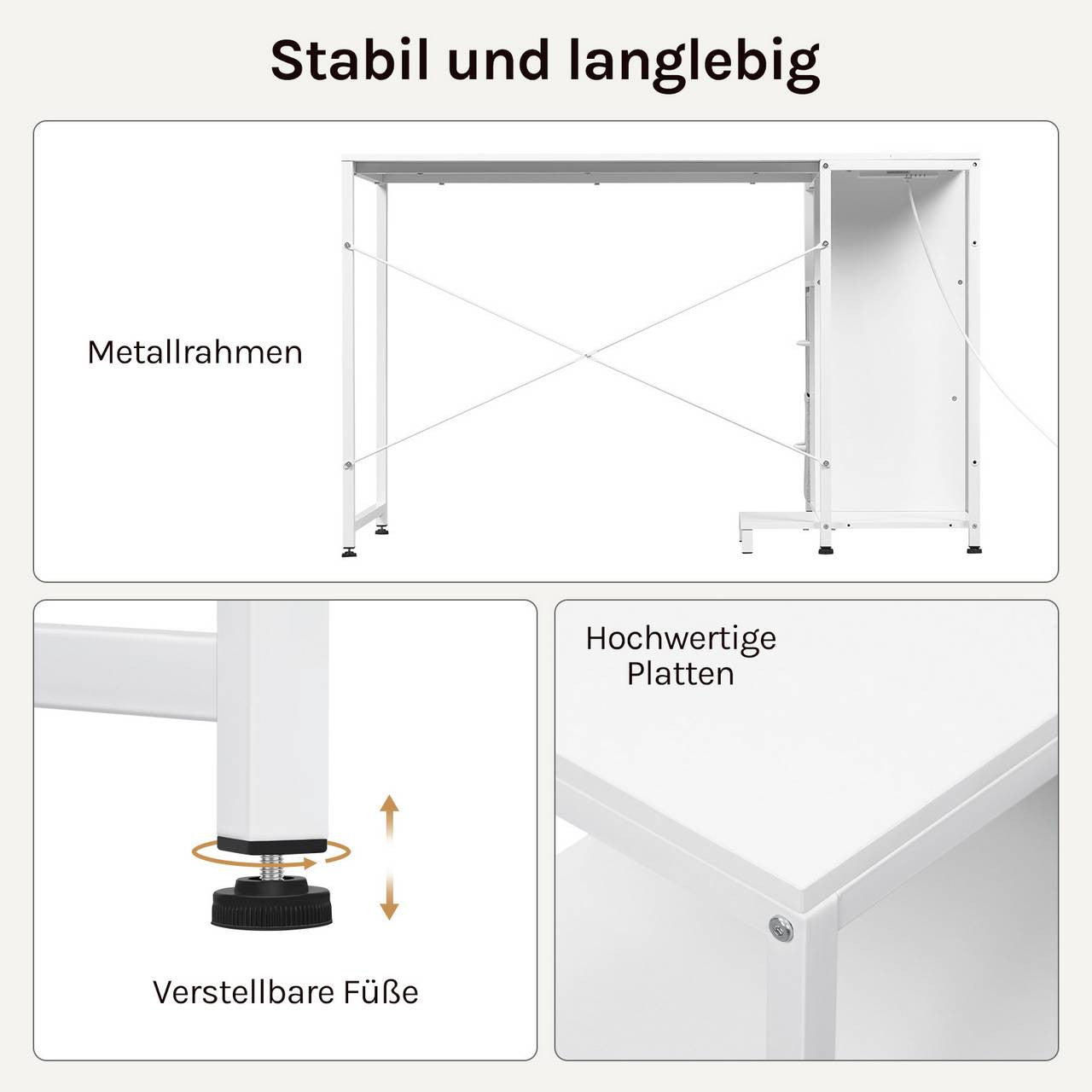 24goodz L-Shaped Corner Desk - Integrated Power Outlet - Spacious Storage - Wood and Metal - For Home Office - White