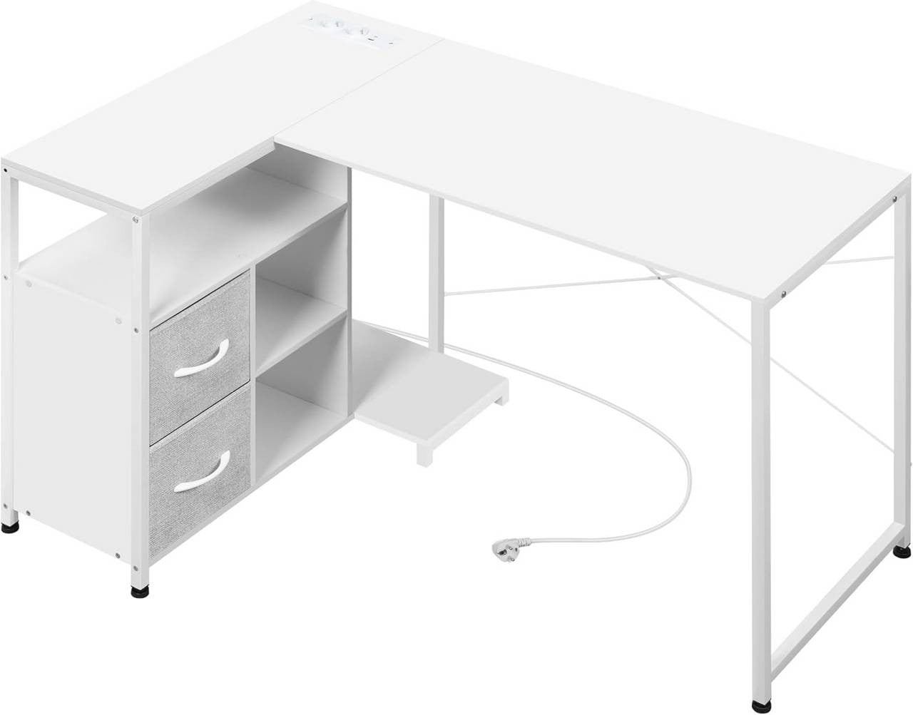 24goodz L-Shaped Corner Desk - Integrated Power Outlet - Spacious Storage - Wood and Metal - For Home Office - White