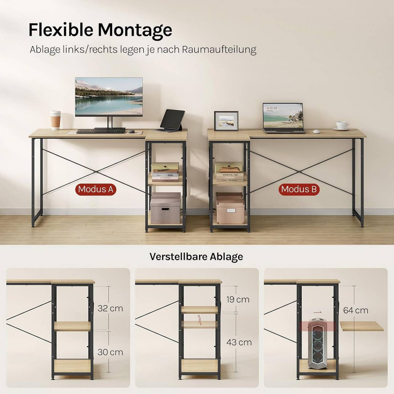 24goodz L-Shaped Desk - Ample Storage Space - Sturdy Metal and E1 Wood - For Home Office - 120 x 74 x 71.5 cm - Grey - hei