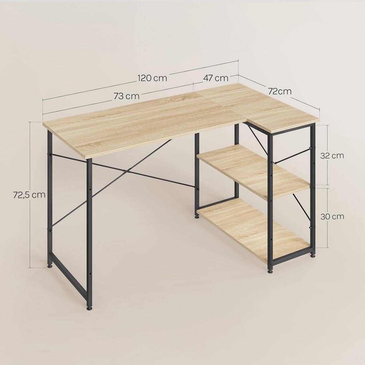 24goodz L-Shaped Desk - Ample Storage Space - Sturdy Metal and E1 Wood - For Home Office - 120 x 74 x 71.5 cm - Grey - hei