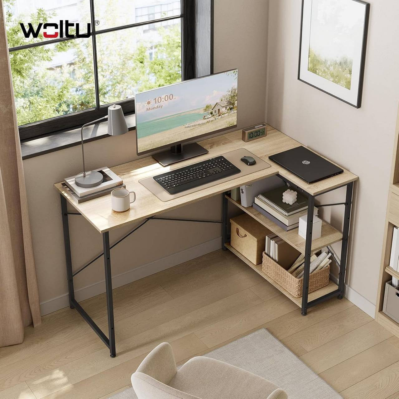 24goodz L-Shaped Desk - Ample Storage Space - Sturdy Metal and E1 Wood - For Home Office - 120 x 74 x 71.5 cm - Grey - hei