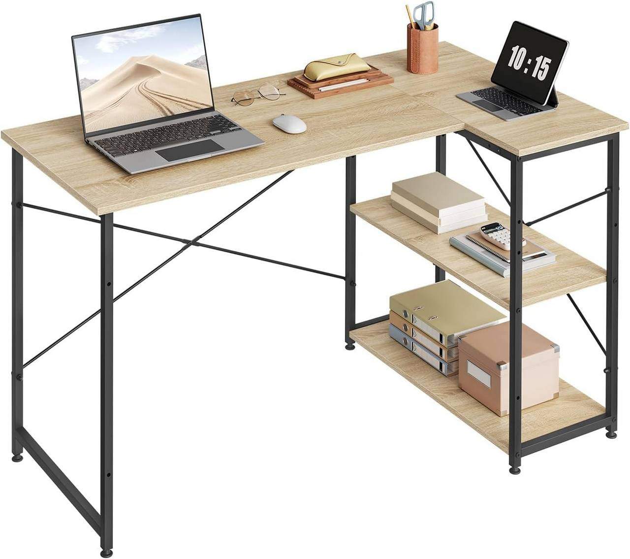 24goodz L-Shaped Desk - Ample Storage Space - Sturdy Metal and E1 Wood - For Home Office - 120 x 74 x 71.5 cm - Grey - hei