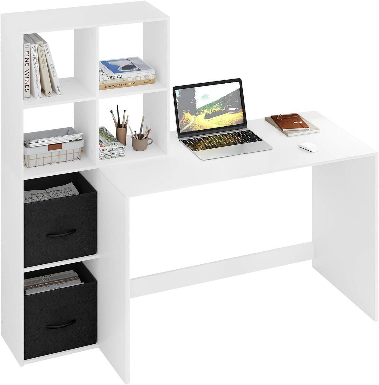 24goodz White Desk with Shelf - Spacious Work Surface - E1 Wood Material - For Home Office - 140.5x134x50 cm