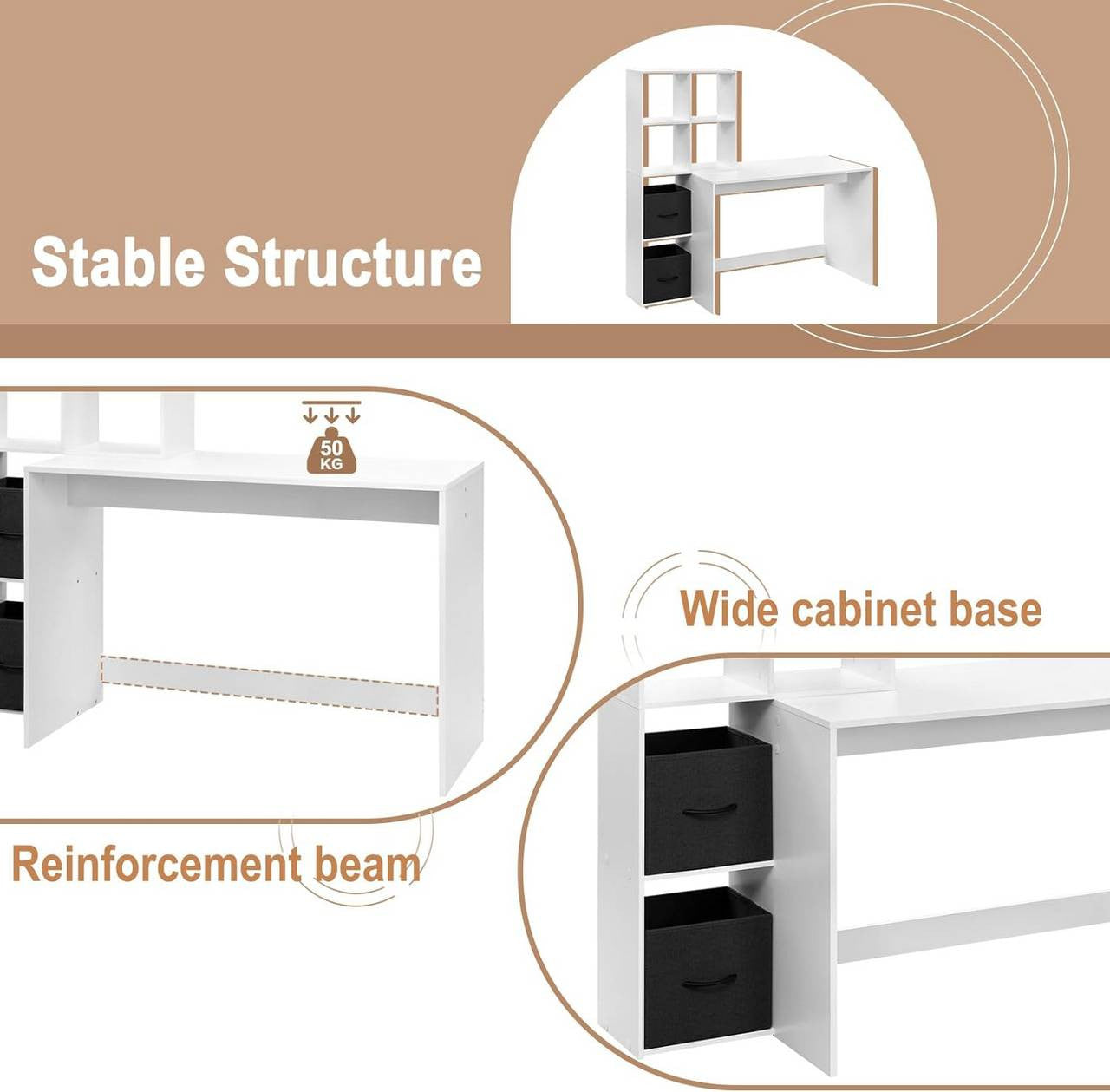 24goodz White Desk with Shelf - Spacious Work Surface - E1 Wood Material - For Home Office - 140.5x134x50 cm