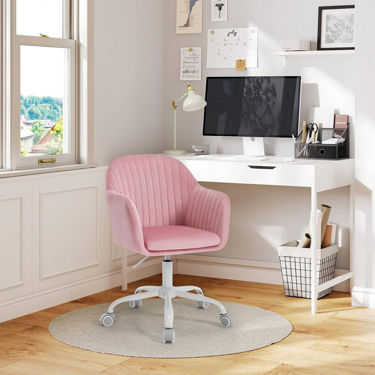 24goodz Ergonomic Office Chair - Comfortable Support for Long Hours - Velvet - For Home Office - Pink