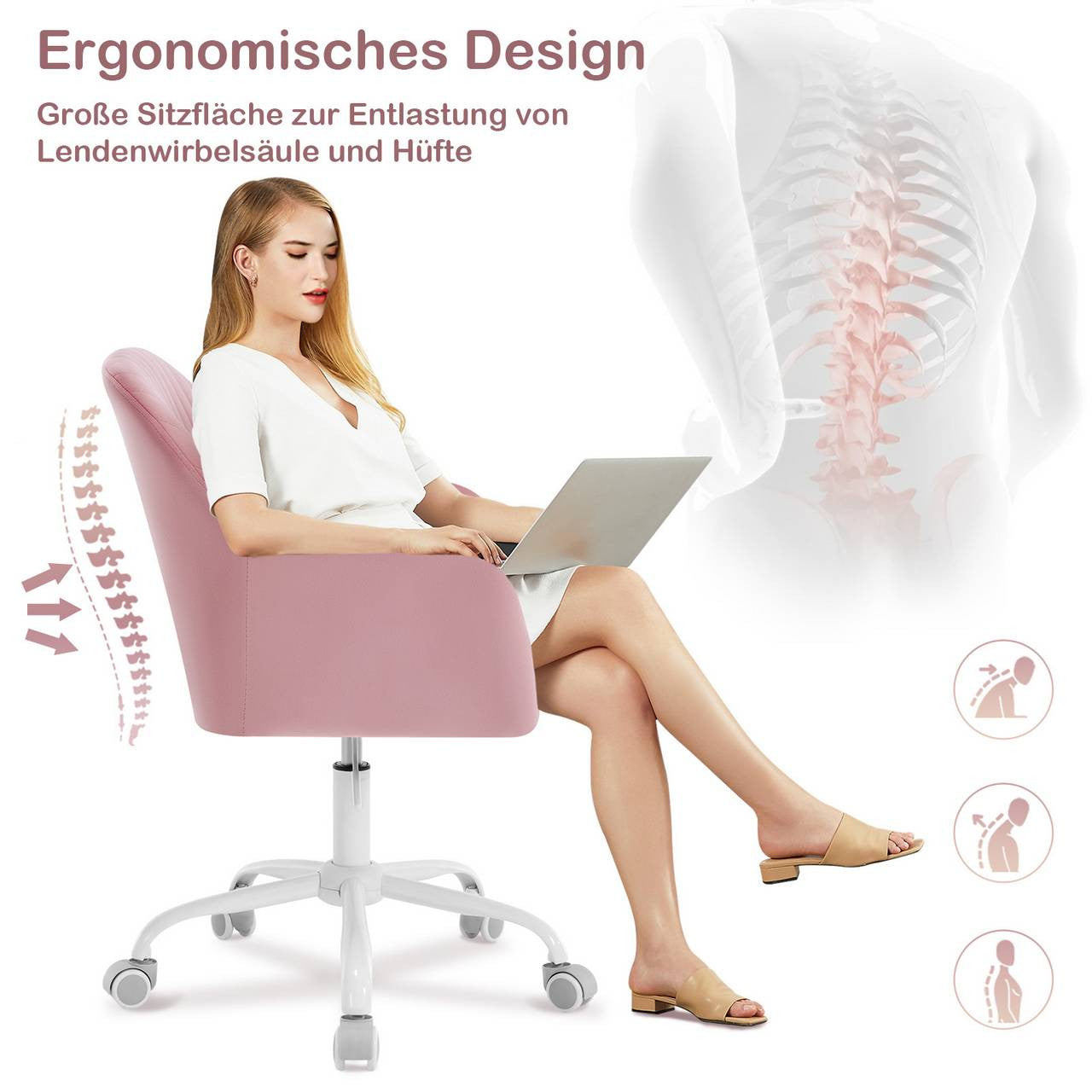 24goodz Ergonomic Office Chair - Comfortable Support for Long Hours - Velvet - For Home Office - Pink