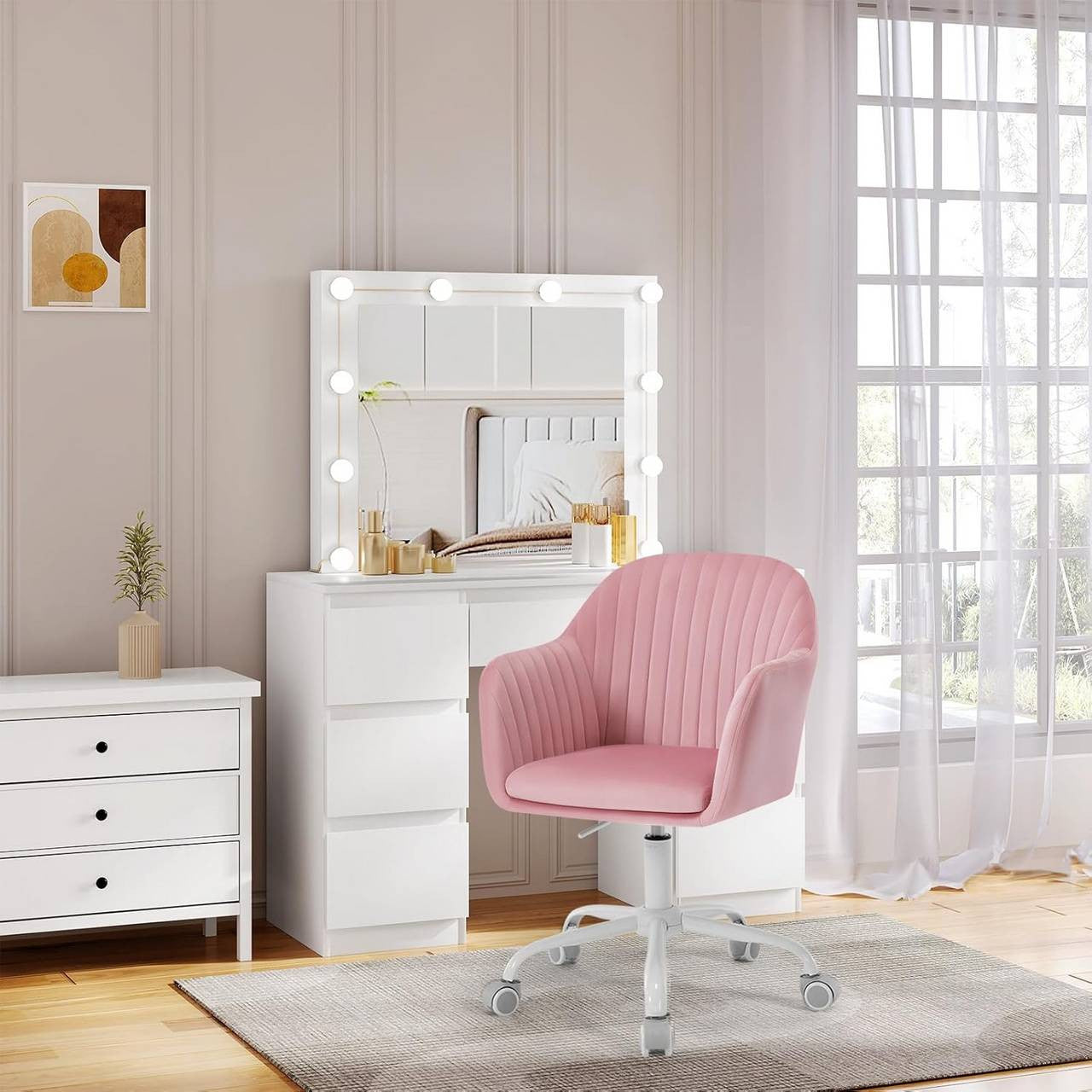 24goodz Ergonomic Office Chair - Comfortable Support for Long Hours - Velvet - For Home Office - Pink