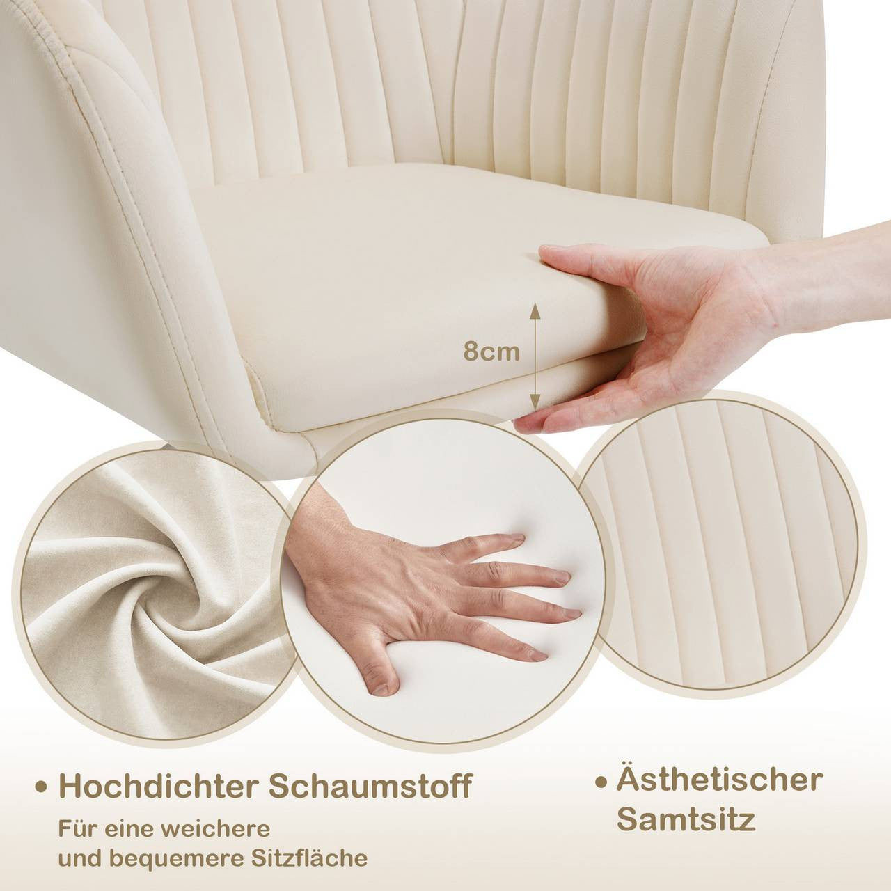 24goodz Ergonomic Office Chair - Comfortable Wide Seat - Height Adjustable & 360° Swivel - Velvet - For Home Office - Cream White