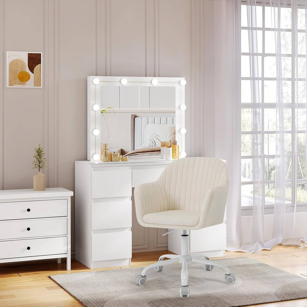24goodz Ergonomic Office Chair - Comfortable Wide Seat - Height Adjustable & 360° Swivel - Velvet - For Home Office - Cream White