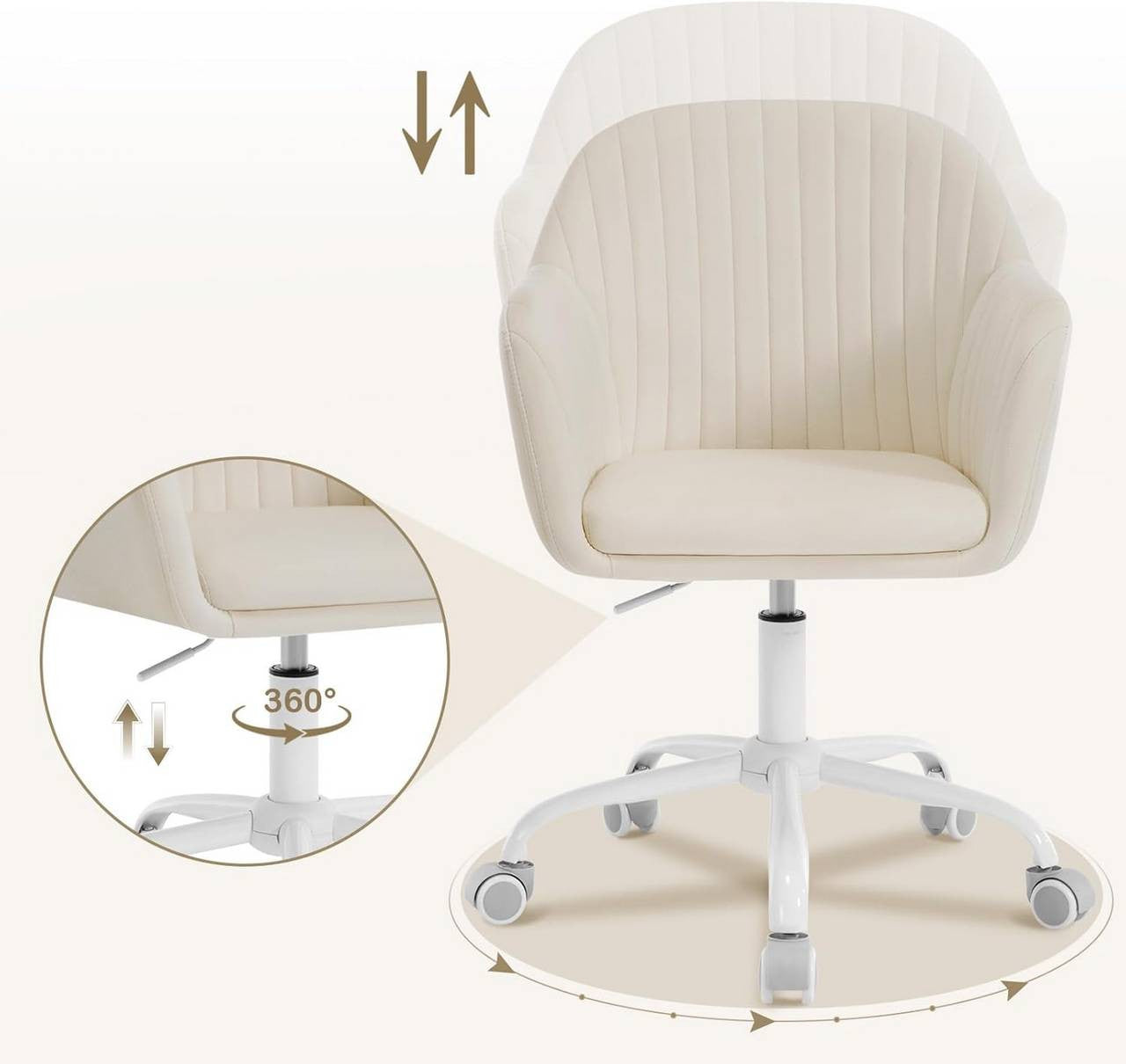 24goodz Ergonomic Office Chair - Comfortable Wide Seat - Height Adjustable & 360° Swivel - Velvet - For Home Office - Cream White