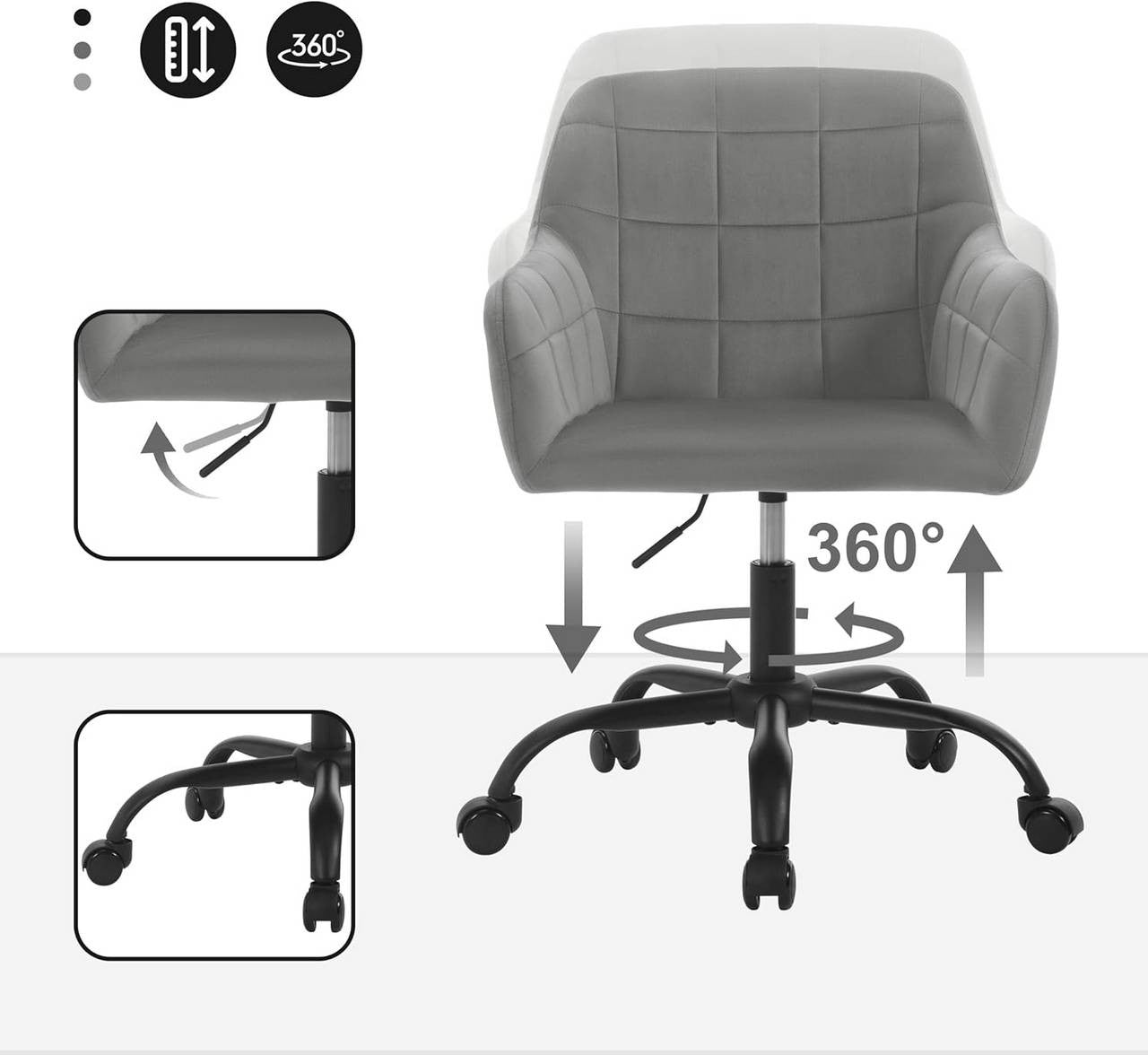 24goodz Ergonomic Office Chair - Comfortable Wide Seat - Velvet - For Home Office - Dark Grey