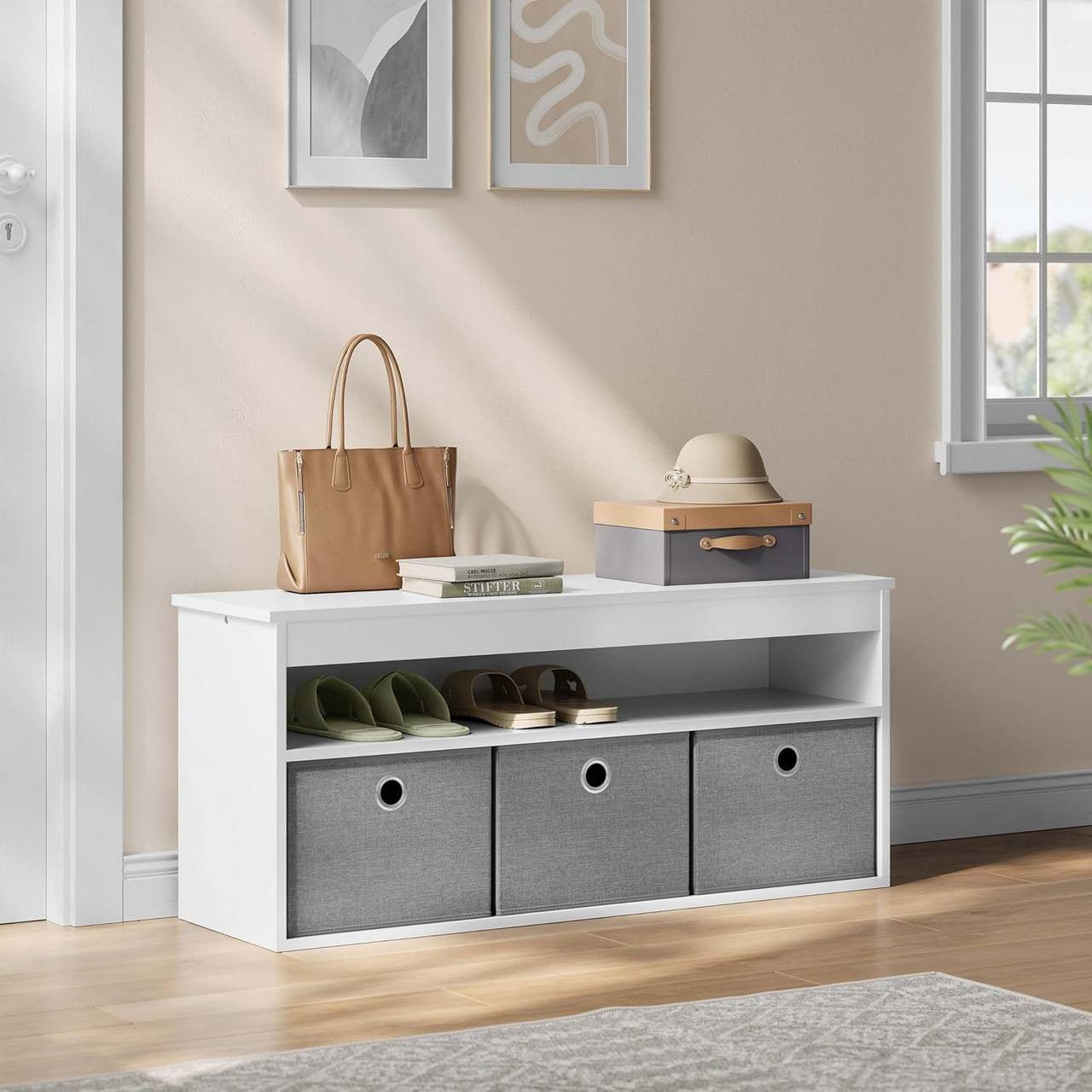 24goodz Shoe Bench with Storage - Spacious and Versatile - MDF - For Entryways and Living Rooms - White + Grey