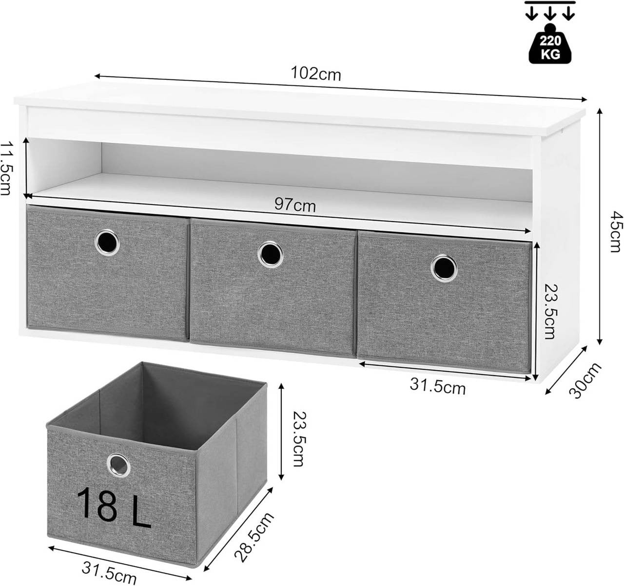 24goodz Shoe Bench with Storage - Spacious and Versatile - MDF - For Entryways and Living Rooms - White + Grey