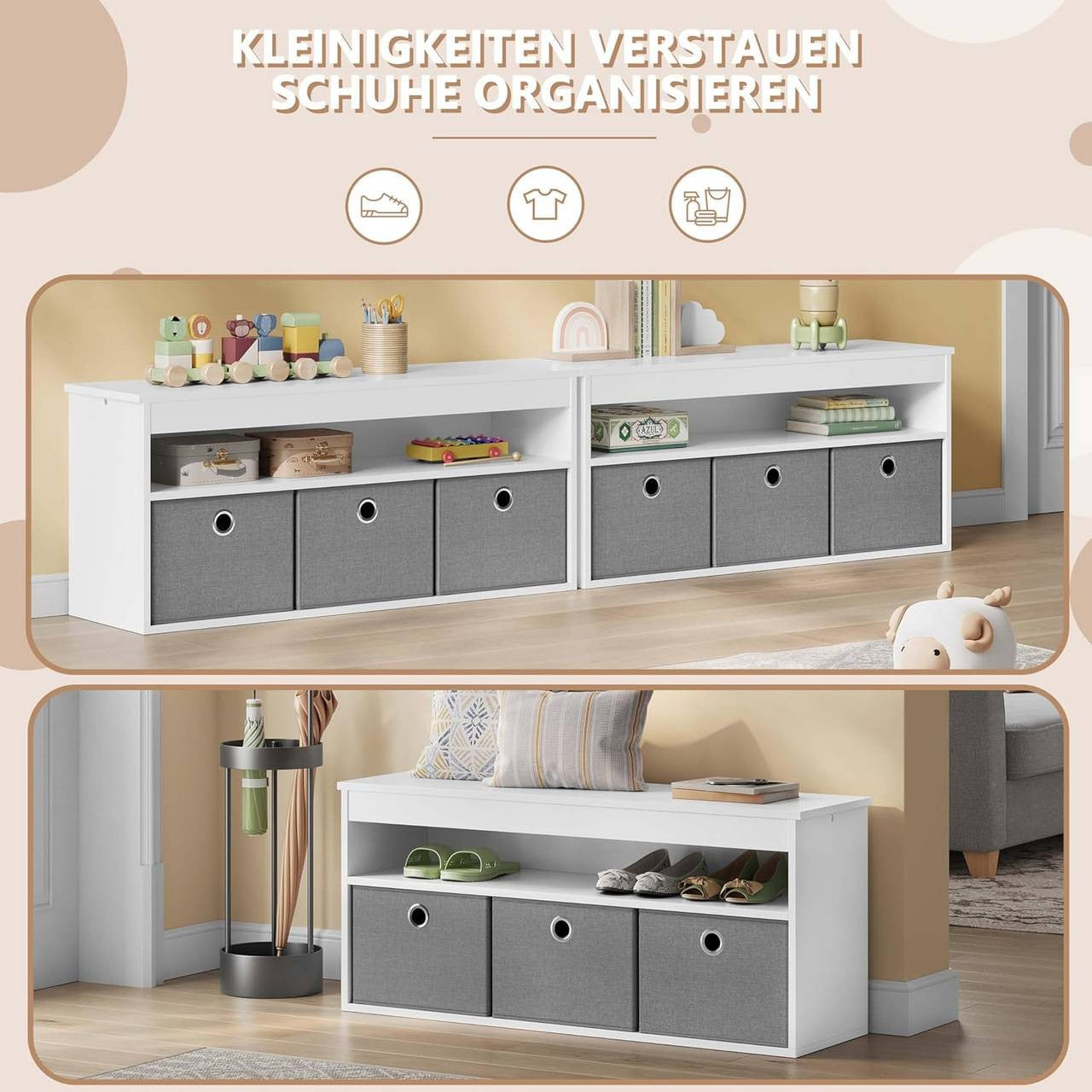 24goodz Shoe Bench with Storage - Spacious and Versatile - MDF - For Entryways and Living Rooms - White + Grey