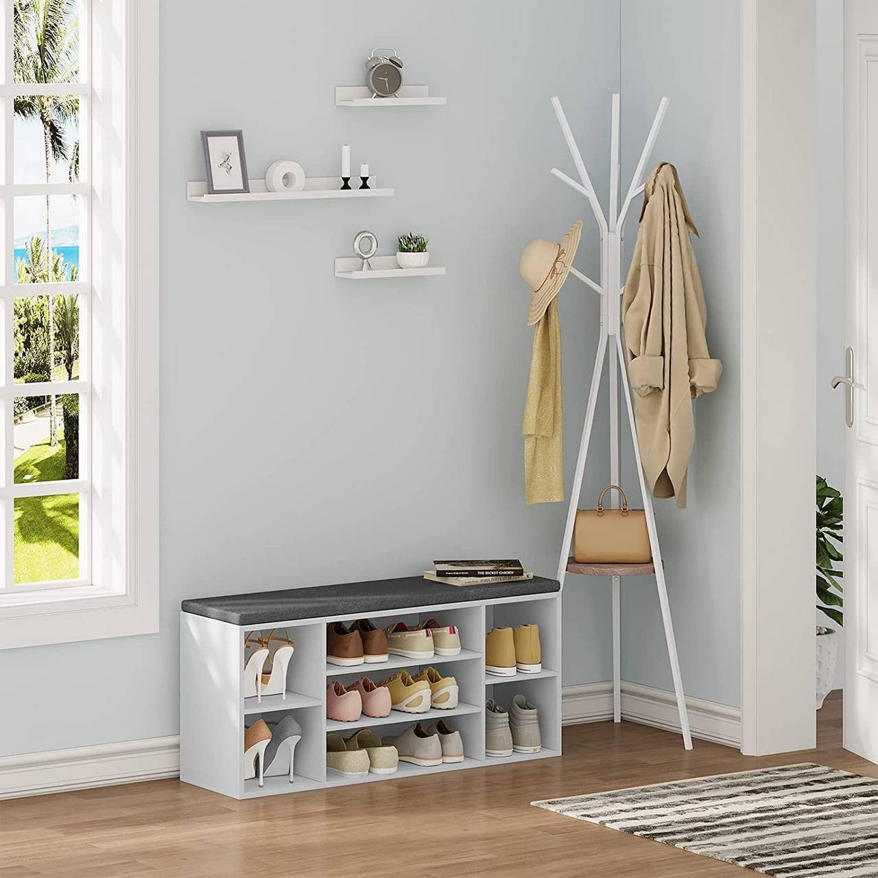 24goodz Shoe Bench - Stylish Storage Solution - Comfortable Seating - E1 Wood-Based Material - White + Grey - 103.5x48x30 cm - wgr