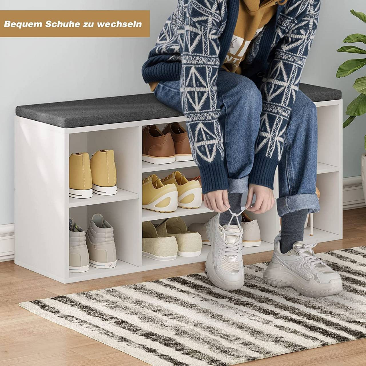 24goodz Shoe Bench - Stylish Storage Solution - Comfortable Seating - E1 Wood-Based Material - White + Grey - 103.5x48x30 cm - wgr