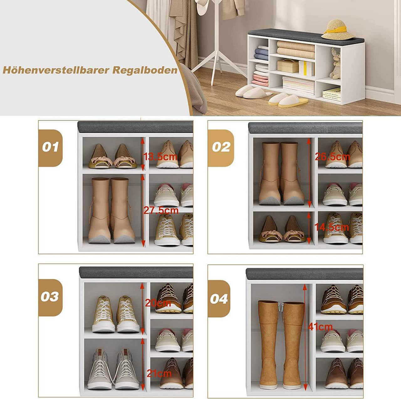 24goodz Shoe Bench - Stylish Storage Solution - Comfortable Seating - E1 Wood-Based Material - White + Grey - 103.5x48x30 cm - wgr