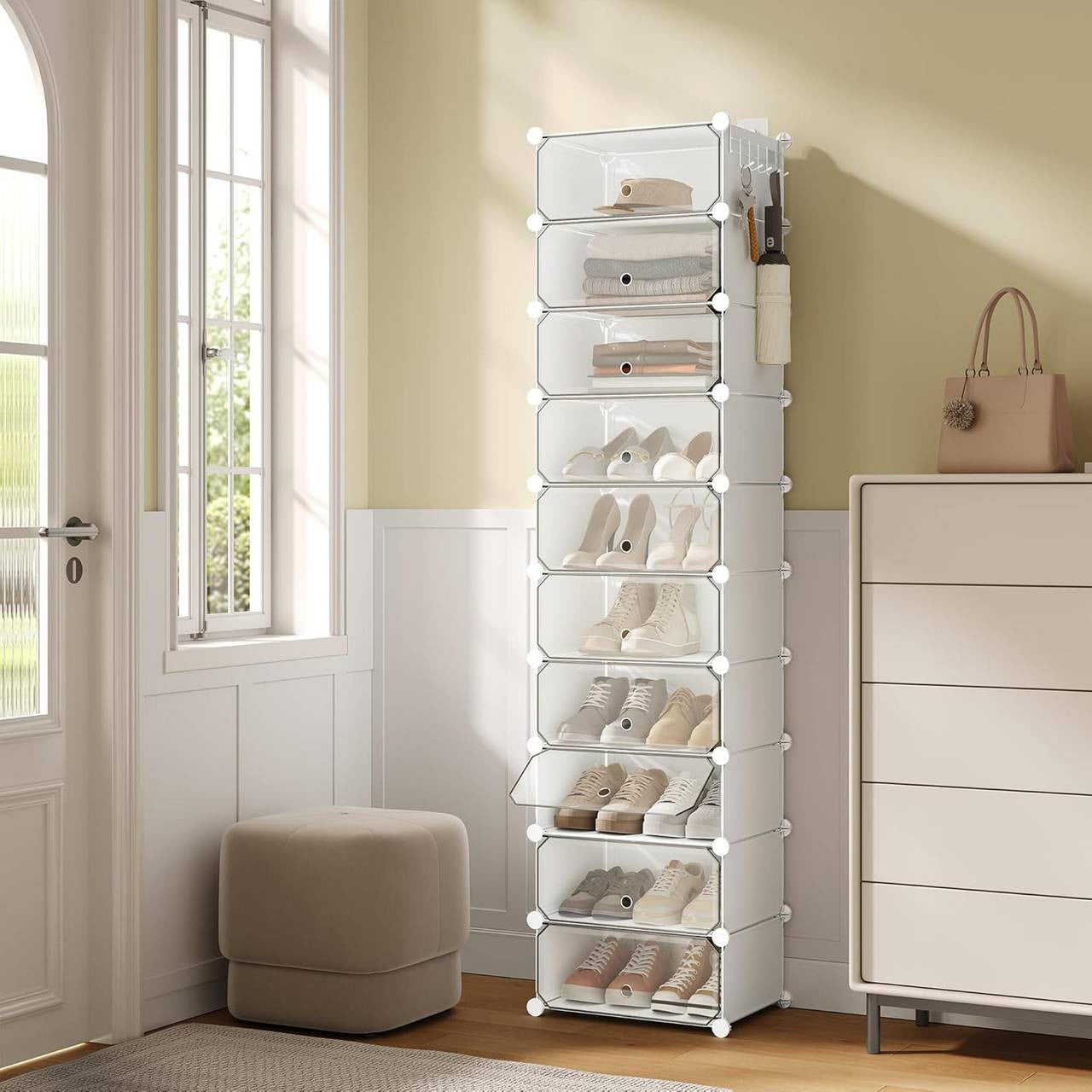 24goodz Shoe Rack with 10 Compartments - Modular Design - Sturdy and Waterproof - PP and Metal - White - 40x30x170 cm