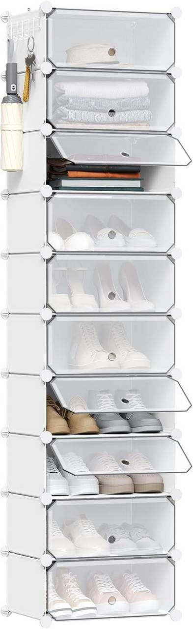 24goodz Shoe Rack with 10 Compartments - Modular Design - Sturdy and Waterproof - PP and Metal - White - 40x30x170 cm