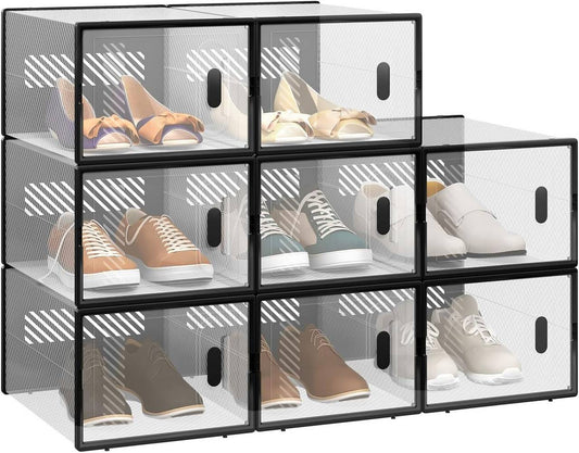 24goodz Stackable Shoe Storage Boxes - Space-Saving Design - Durable Plastic - For Shoe Lovers - Black + Transparent