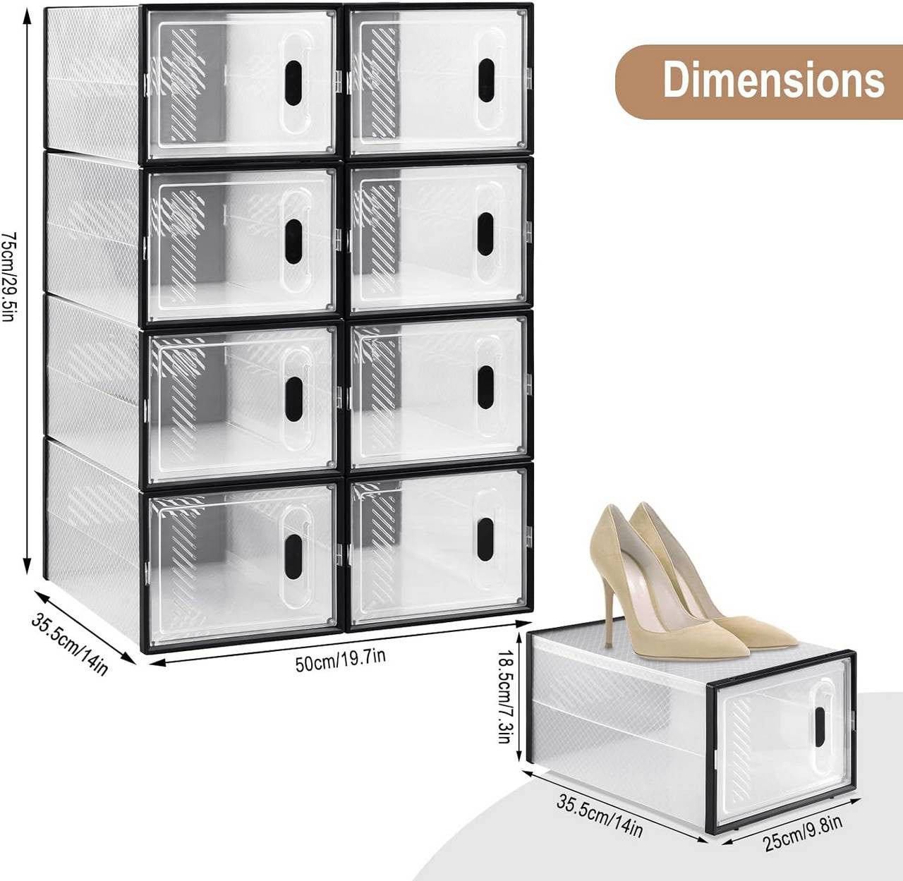 24goodz Stackable Shoe Storage Boxes - Space-Saving Design - Durable Plastic - For Shoe Lovers - Black + Transparent
