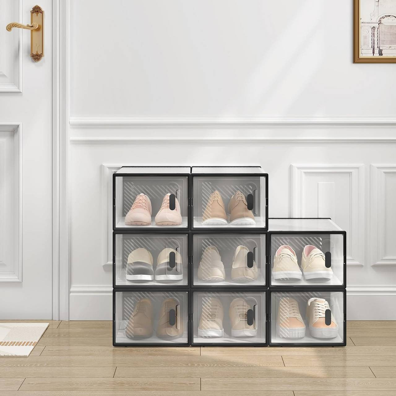 24goodz Stackable Shoe Storage Boxes - Space-Saving Design - Durable Plastic - For Shoe Lovers - Black + Transparent