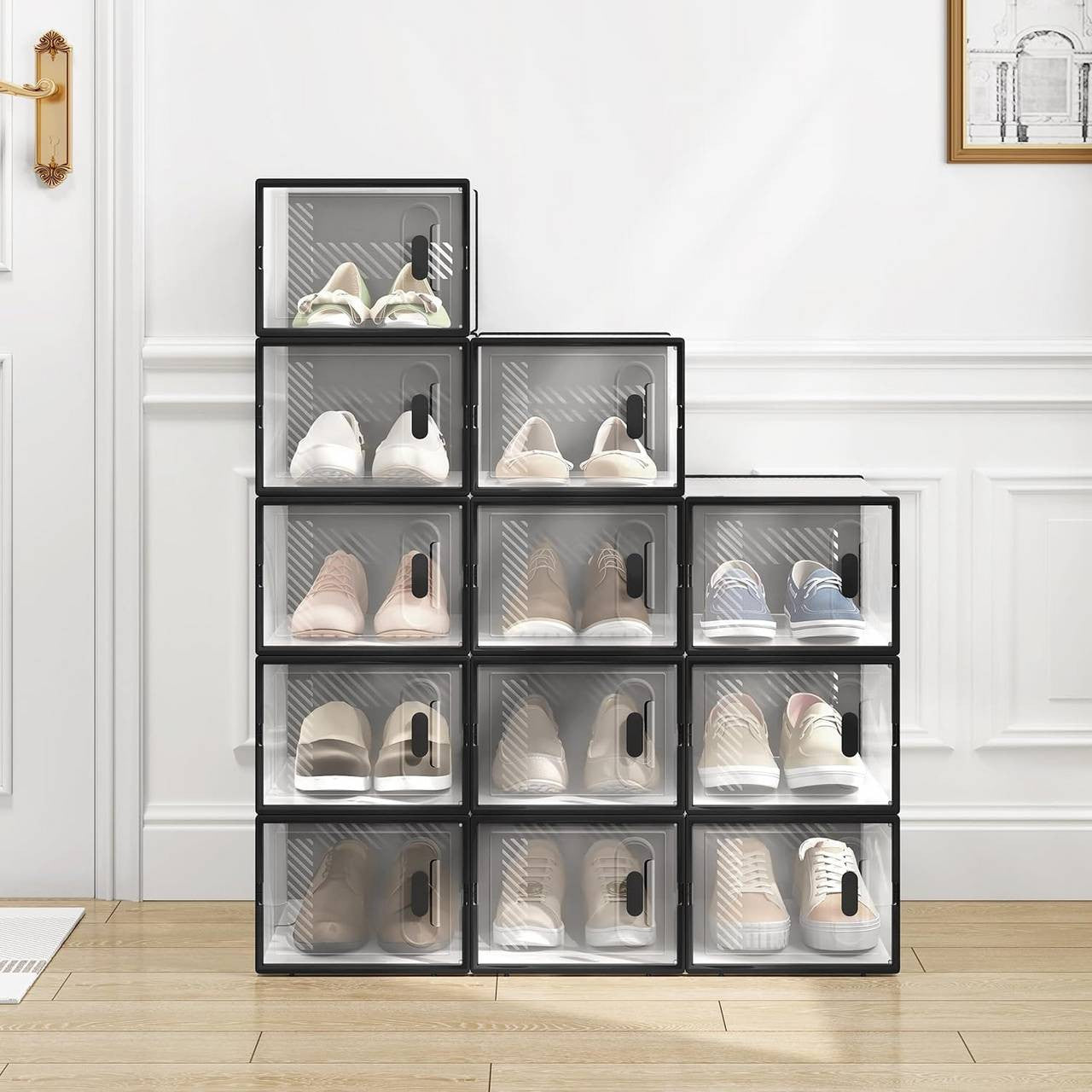 24goodz Stackable Shoe Boxes - Space-Saving Design - Durable Plastic - For Organizing Shoes and More - Transparent + Black