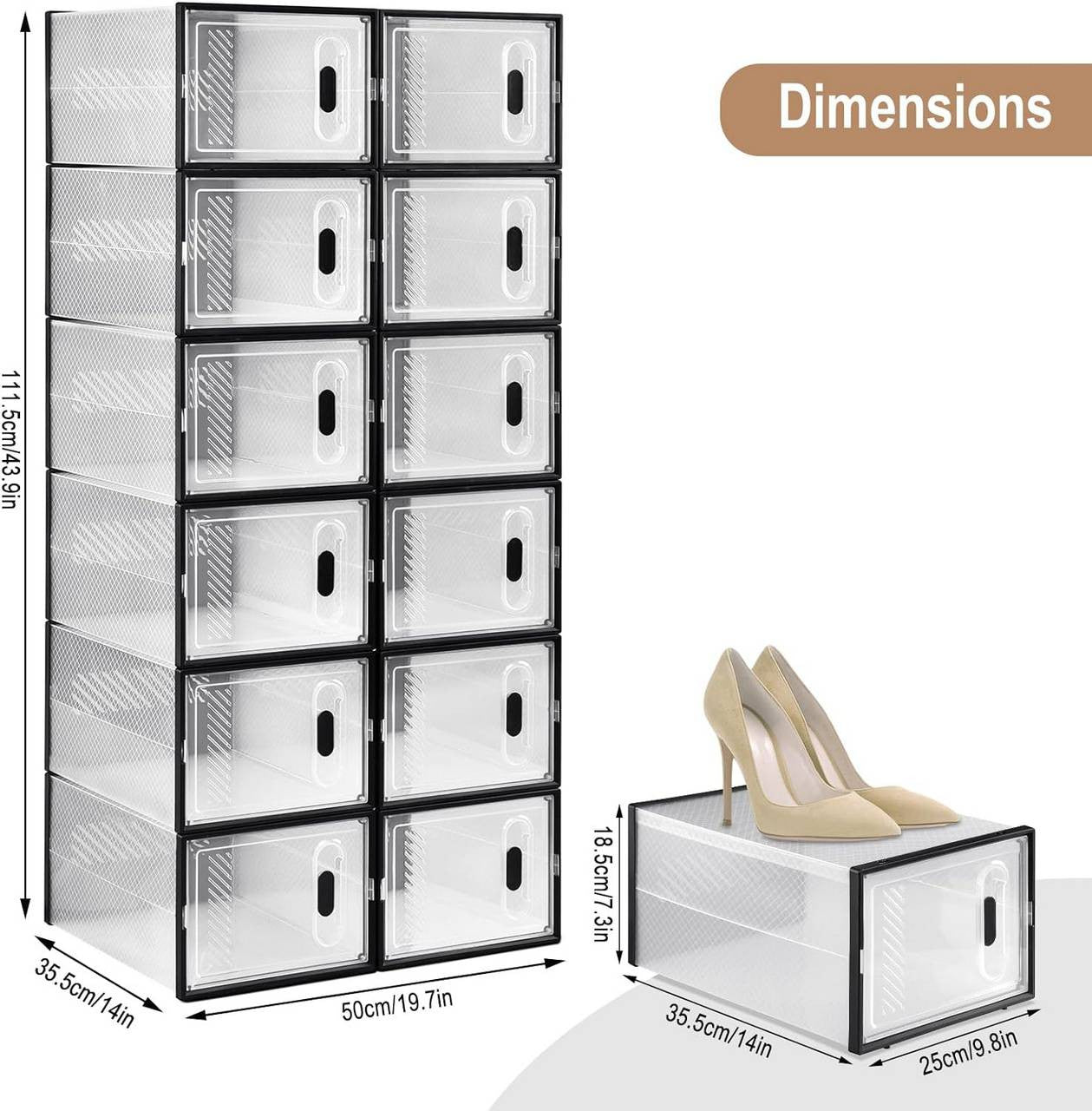24goodz Stackable Shoe Boxes - Space-Saving Design - Durable Plastic - For Organizing Shoes and More - Transparent + Black