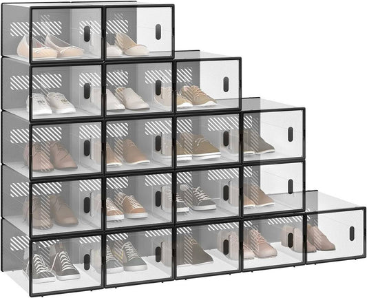 24goodz Stackable Shoe Storage Boxes - Space-Saving Design - Durable Plastic - For Shoe Lovers - Black + Transparent
