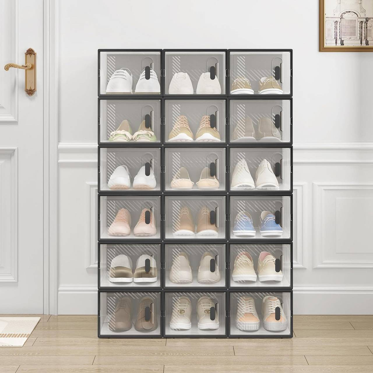 24goodz Stackable Shoe Storage Boxes - Space-Saving Design - Durable Plastic - For Shoe Lovers - Black + Transparent