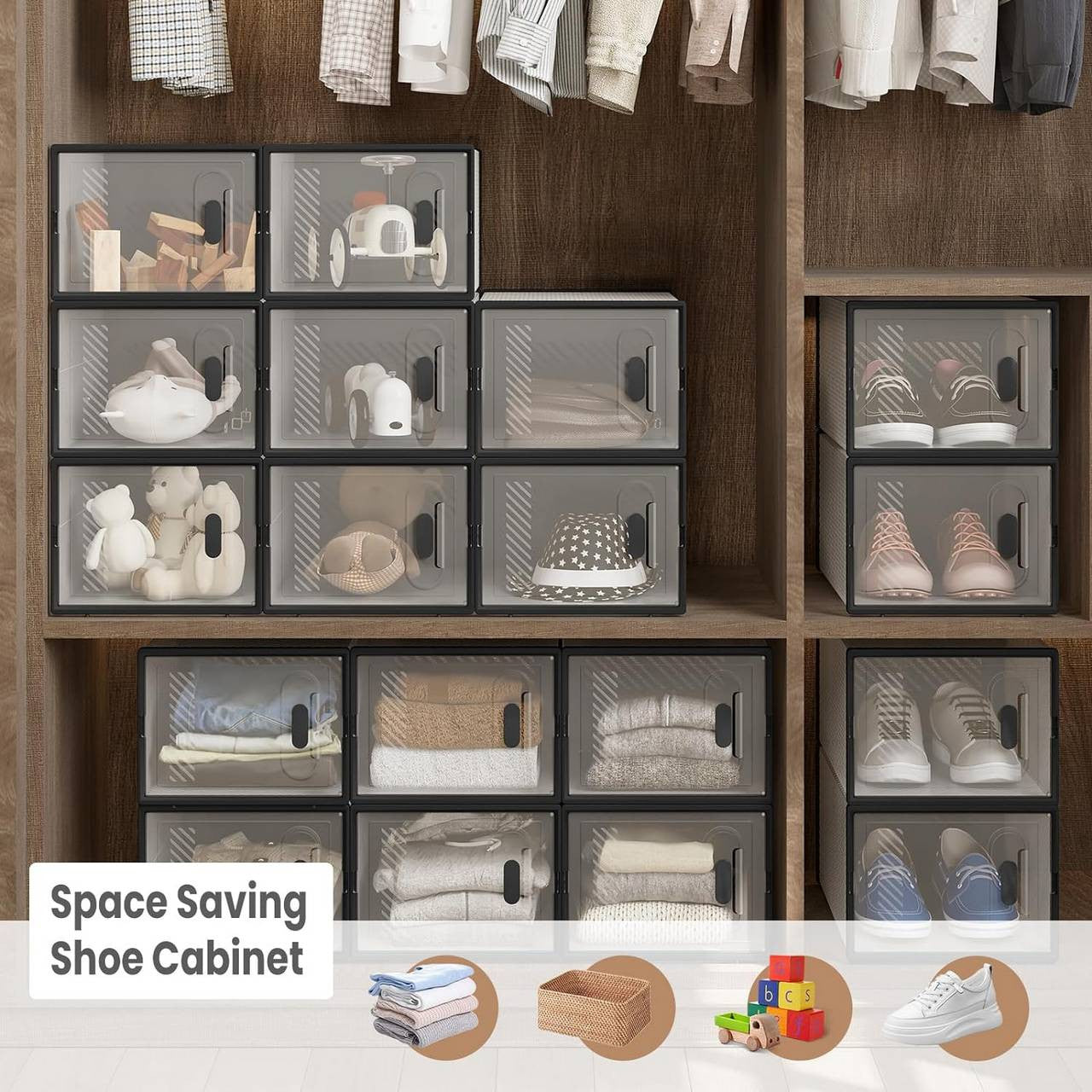 24goodz Stackable Shoe Storage Boxes - Space-Saving Design - Durable Plastic - For Shoe Lovers - Black + Transparent