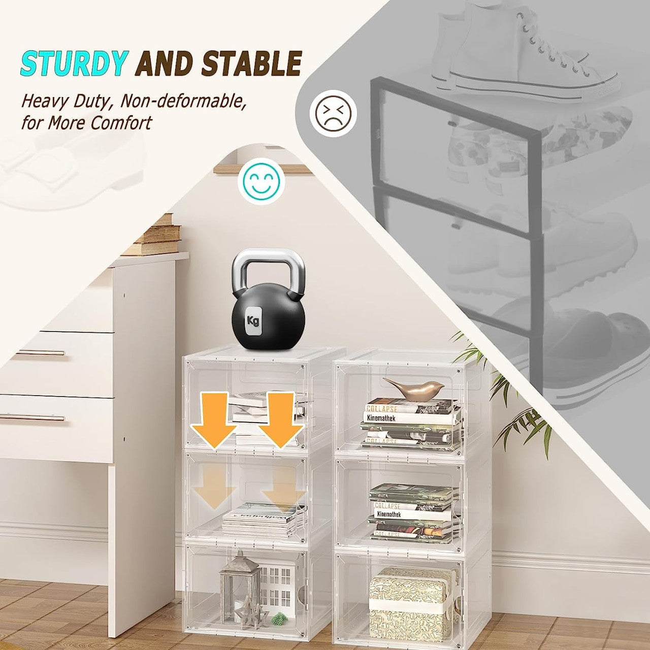 24goodz Stackable Shoe Boxes Set of 3 - Space-Saving Design - High-Quality ABS and PP - For Sneaker Enthusiasts - Transparent