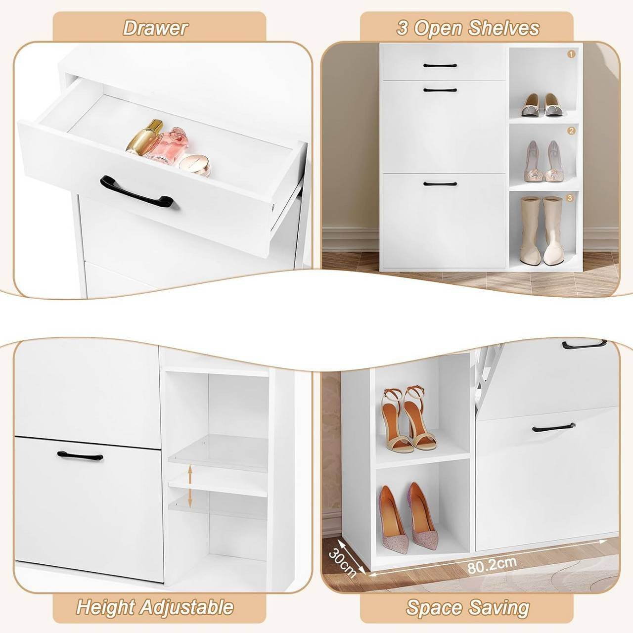 24goodz Shoe Rack - 4-in-1 Design - Space-Saving - E1 Wood Material - White