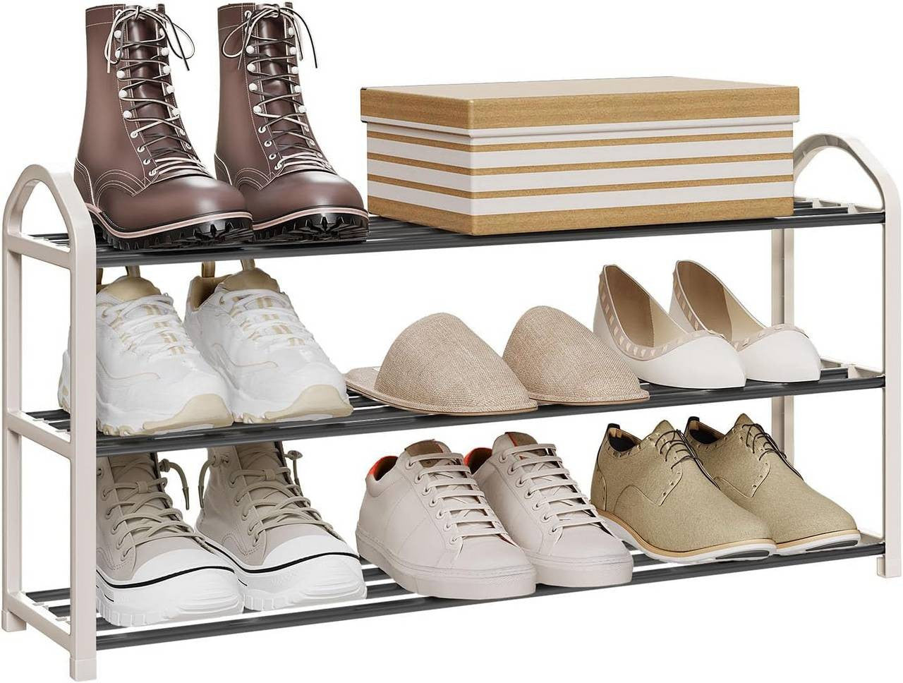 24goodz Shoe Rack - Spacious 3-Tier Design - Easy to Assemble - Steel-Plastic Composite - Cream - 79x19.5x45 cm