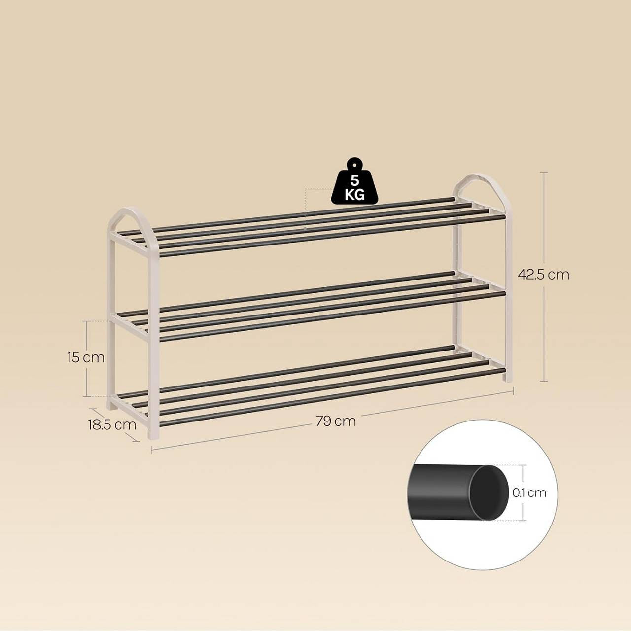 24goodz Shoe Rack - Spacious 3-Tier Design - Easy to Assemble - Steel-Plastic Composite - Cream - 79x19.5x45 cm