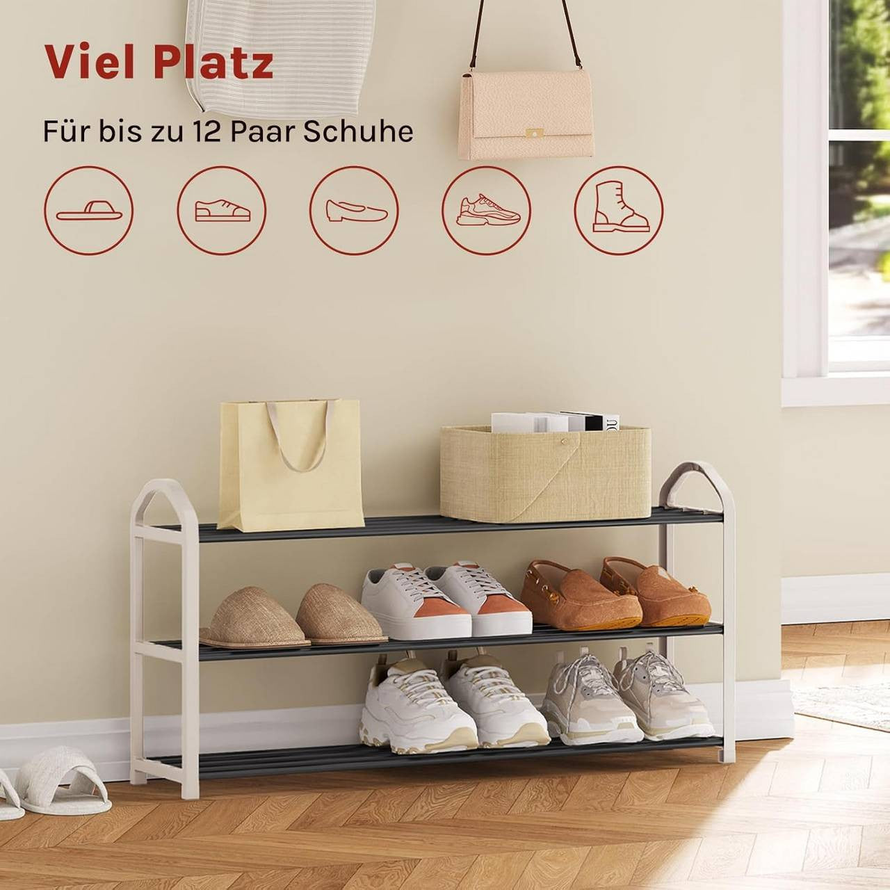 24goodz Shoe Rack - Spacious 3-Tier Design - Easy to Assemble - Steel-Plastic Composite - Cream - 79x19.5x45 cm