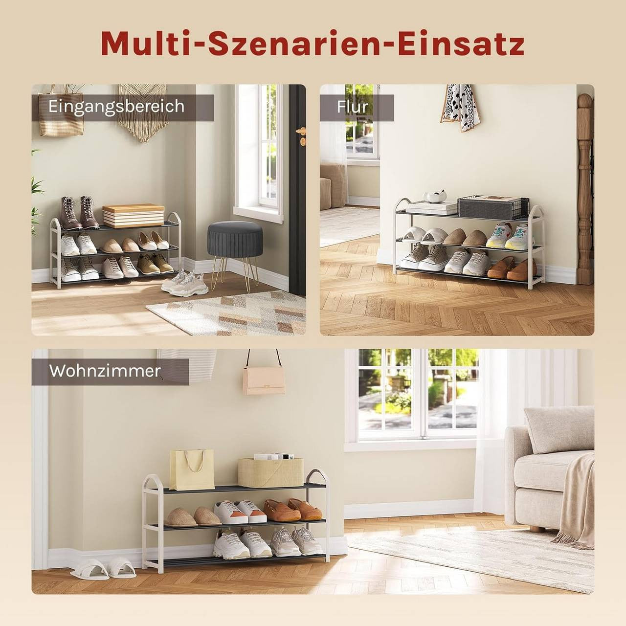 24goodz Shoe Rack - Spacious 3-Tier Design - Easy to Assemble - Steel-Plastic Composite - Cream - 79x19.5x45 cm