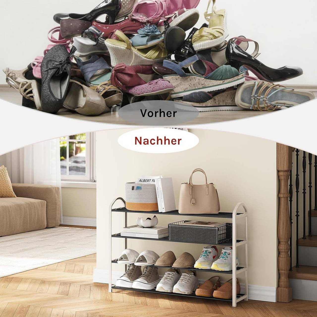 24goodz Shoe Rack - Spacious 4-Tier Design - Easy to Assemble - Steel-Plastic Composite - Cream - 79x19.5x62 cm