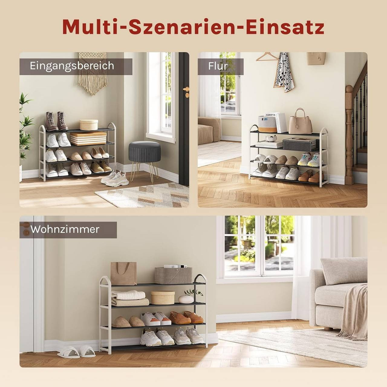 24goodz Shoe Rack - Spacious 4-Tier Design - Easy to Assemble - Steel-Plastic Composite - Cream - 79x19.5x62 cm