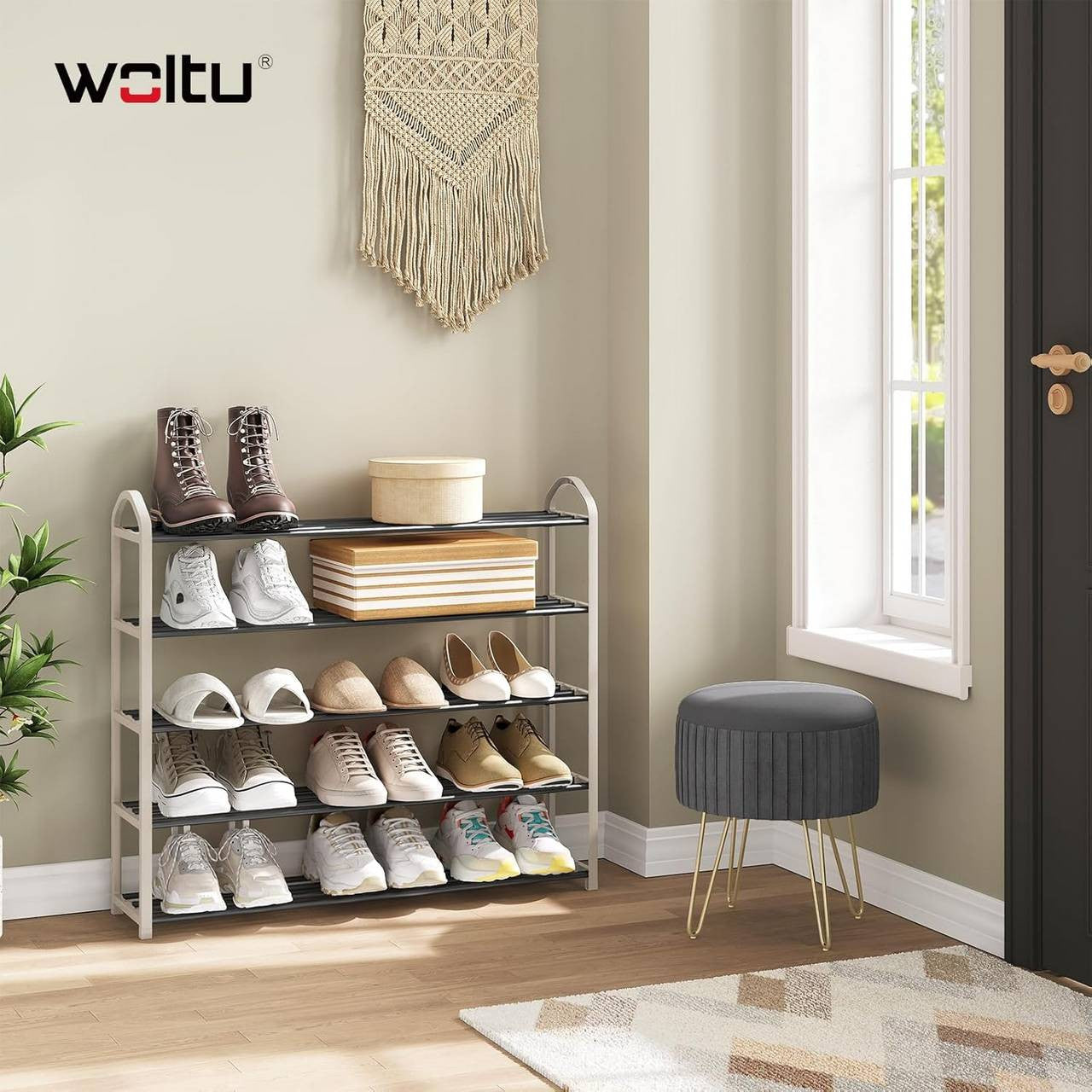 24goodz Shoe Rack - Spacious 5-Tier Design - Easy to Assemble - Steel-Plastic Composite - For Home Organization - Cream, 79x19.5x79cm