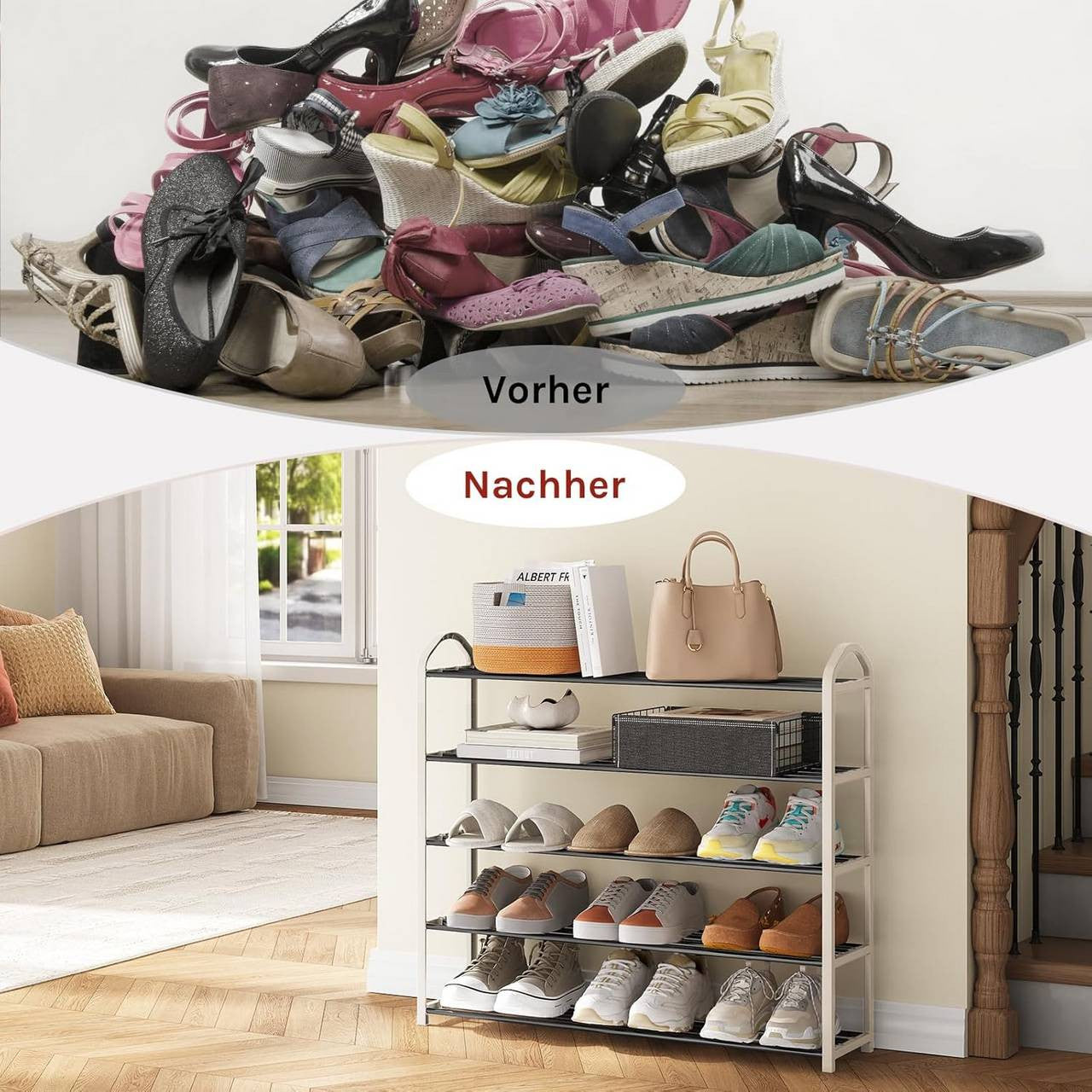 24goodz Shoe Rack - Spacious 5-Tier Design - Easy to Assemble - Steel-Plastic Composite - For Home Organization - Cream, 79x19.5x79cm