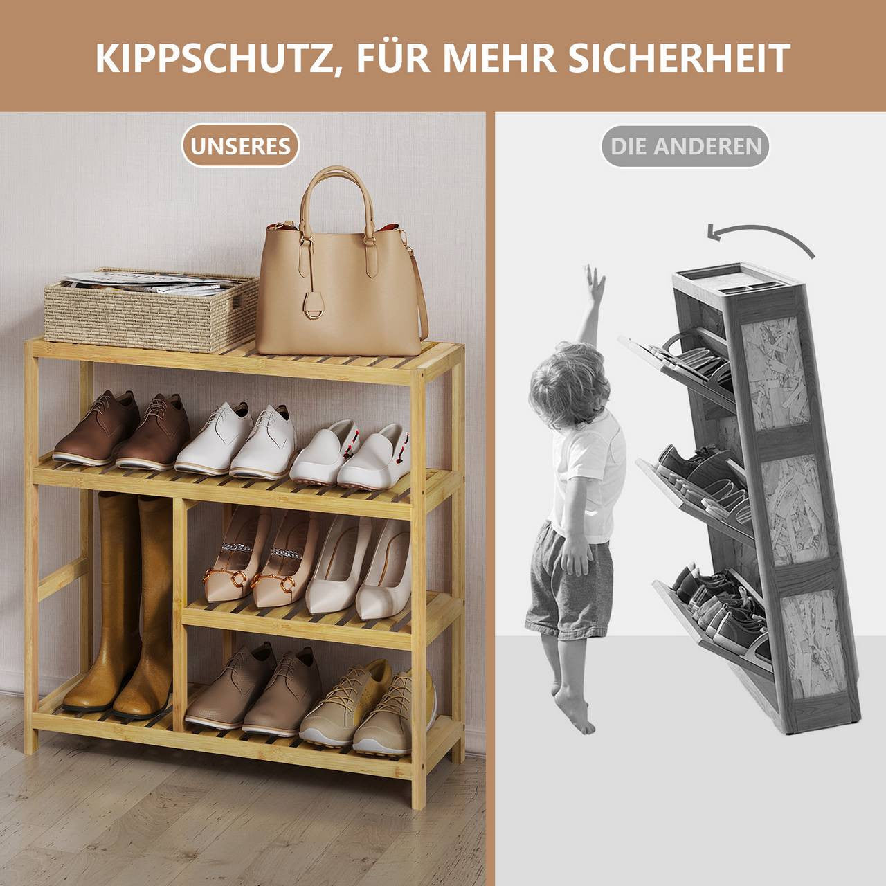 24goodz Bamboo Shoe Rack - Spacious 4-Tier Design - Eco-Friendly Material - Natural Bamboo - For Home Organization - 68 x 68 x 26 cm