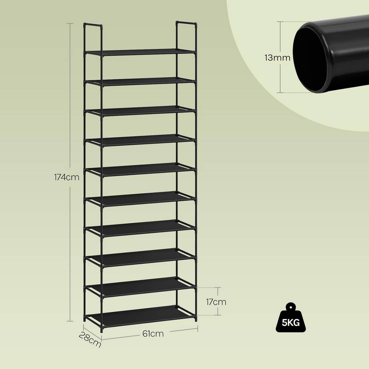 24goodz Shoe Rack with 10 Shelves - Space-Saving Design - Robust Metal Frame - Black - 61x28x174 cm
