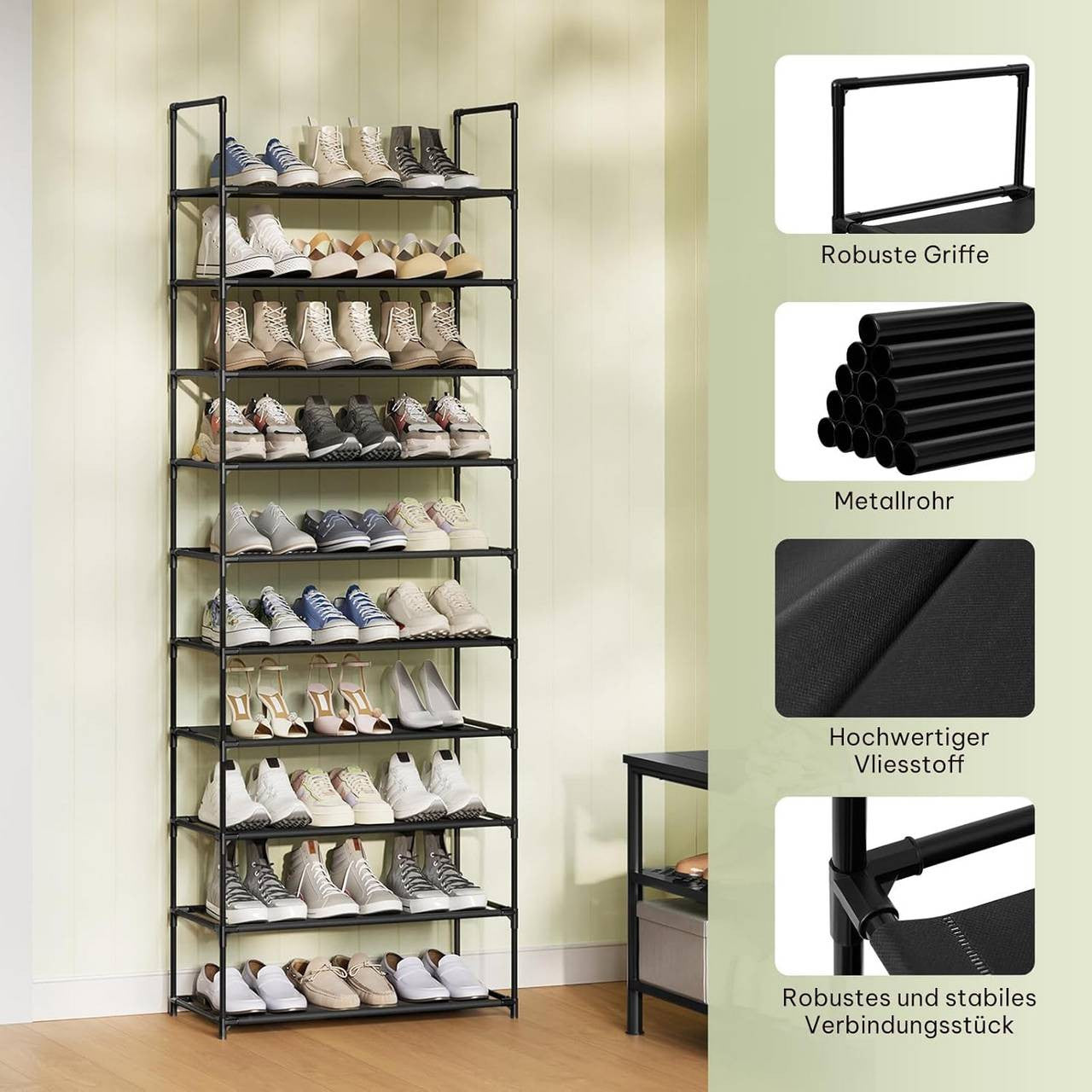 24goodz Shoe Rack with 10 Shelves - Space-Saving Design - Robust Metal Frame - Black - 61x28x174 cm