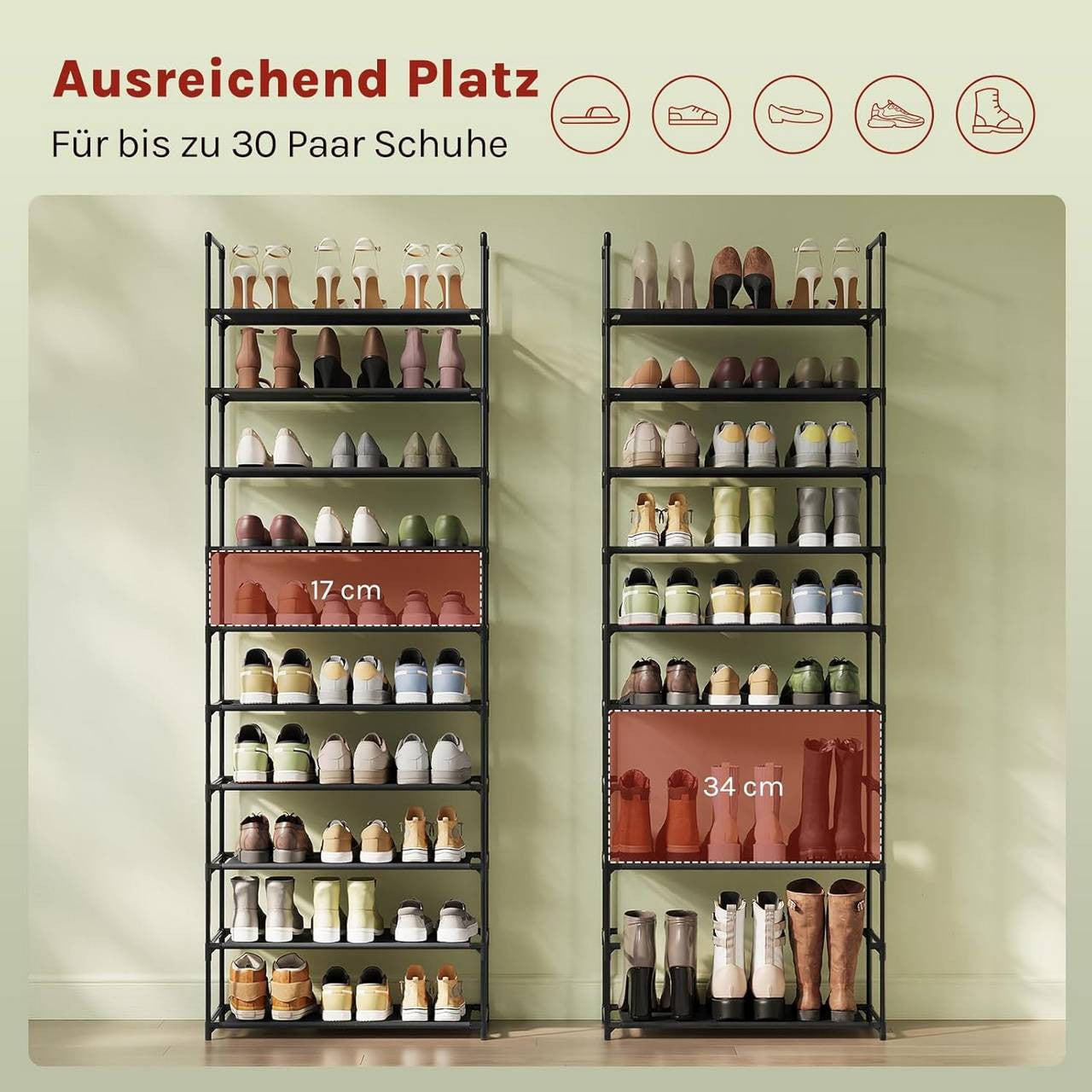 24goodz Shoe Rack with 10 Shelves - Space-Saving Design - Robust Metal Frame - Black - 61x28x174 cm
