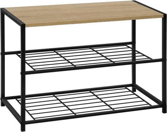 24goodz Shoe Rack with 2 Tiers - Spacious Storage for 6 Pairs - E1-Class Engineered Wood and Iron - Light Oak + Black - 63 x 43 x 30 cm